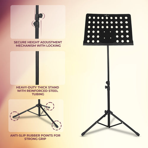 Black music stand with height adjustment mechanism, reinforced steel tubing, and anti-slip rubber points on a gradient background.