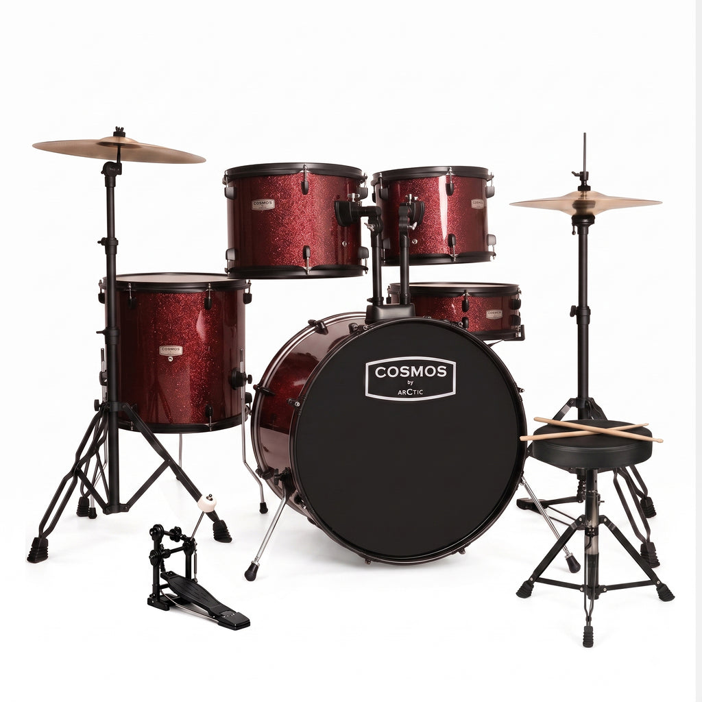 ARCTIC Cosmos 22 Inch 5-Piece Acoustic Drum Set with Cymbals, Hardware, Drum Throne & Drum Sticks - Red
