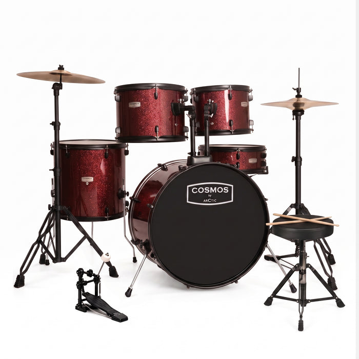 ARCTIC Cosmos 22 Inch 5-Piece Acoustic Drum Set with Cymbals, Hardware, Drum Throne & Drum Sticks - Red