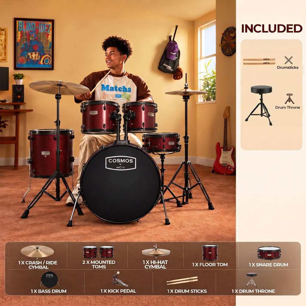 ARCTIC Cosmos 22 Inch 5-Piece Acoustic Drum Set with Cymbals, Hardware, Drum Throne & Drum Sticks - Red