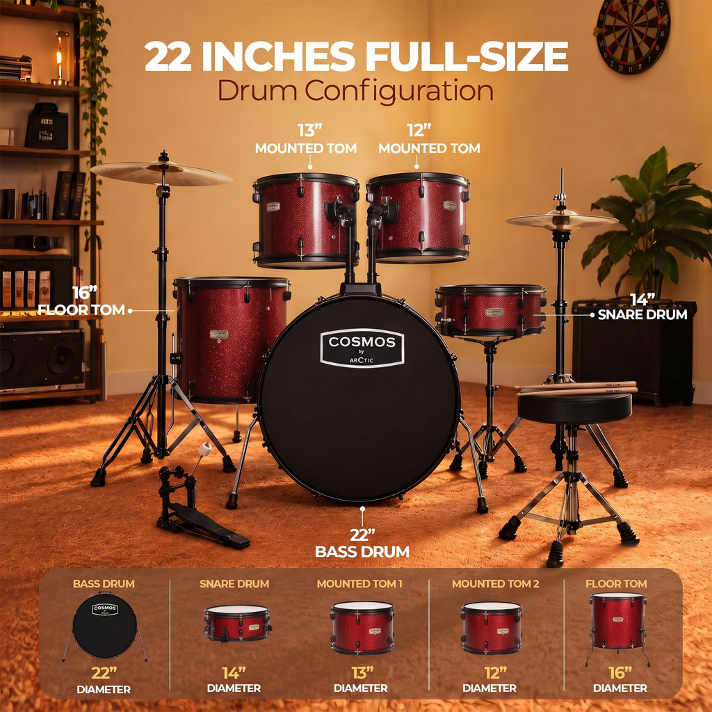 ARCTIC Cosmos 22 Inch 5-Piece Acoustic Drum Set with Cymbals, Hardware, Drum Throne & Drum Sticks - Red