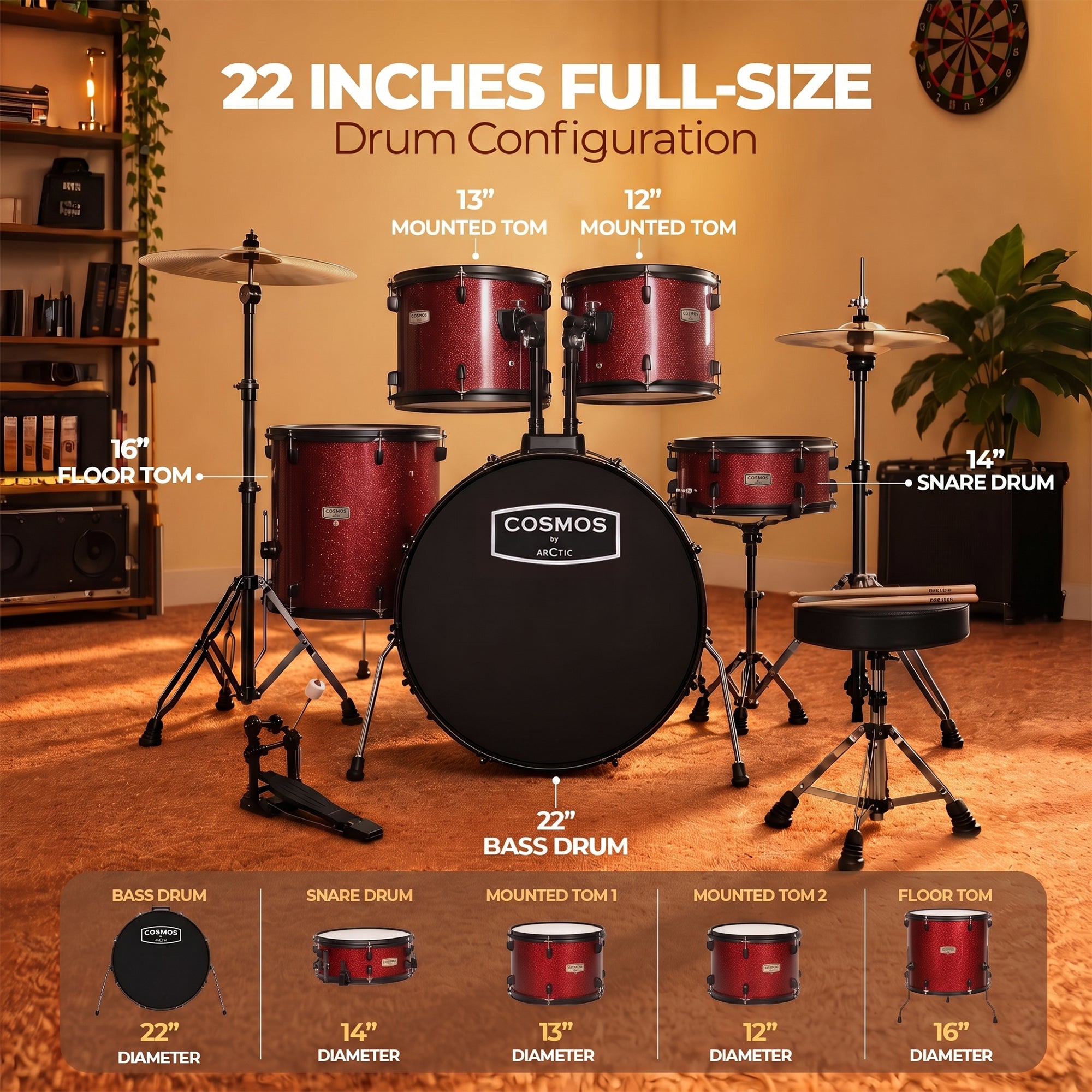 ARCTIC Cosmos 22 Inch 5-Piece Acoustic Drum Set with Cymbals, Hardware, Drum Throne & Drum Sticks - Red