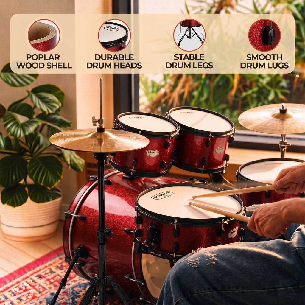 ARCTIC Cosmos 22 Inch 5-Piece Acoustic Drum Set with Cymbals, Hardware, Drum Throne & Drum Sticks - Red