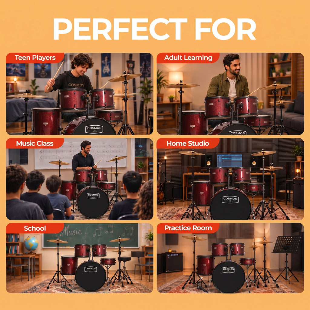 ARCTIC Cosmos 22 Inch 5-Piece Acoustic Drum Set with Cymbals, Hardware, Drum Throne & Drum Sticks - Red