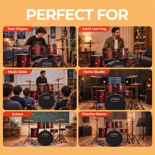 ARCTIC Cosmos 22 Inch 5-Piece Acoustic Drum Set with Cymbals, Hardware, Drum Throne & Drum Sticks - Red