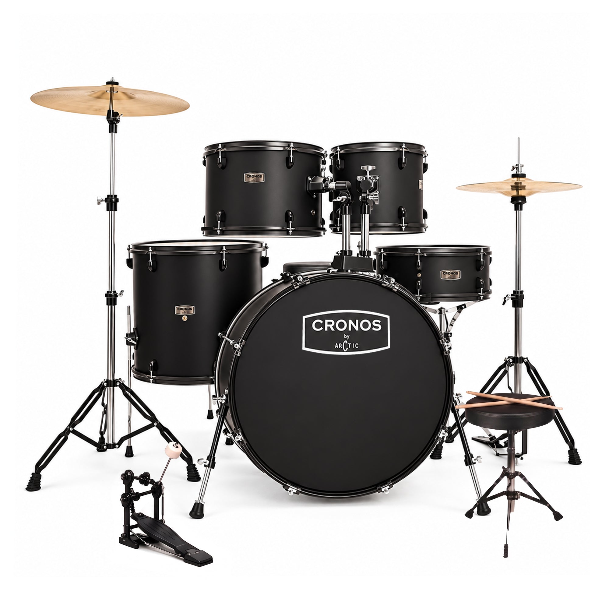ARCTIC Cronos 22 Inch 5-Piece Acoustic Drum Set with Cymbals, Hardware, Drum Throne & Drum Sticks - Black