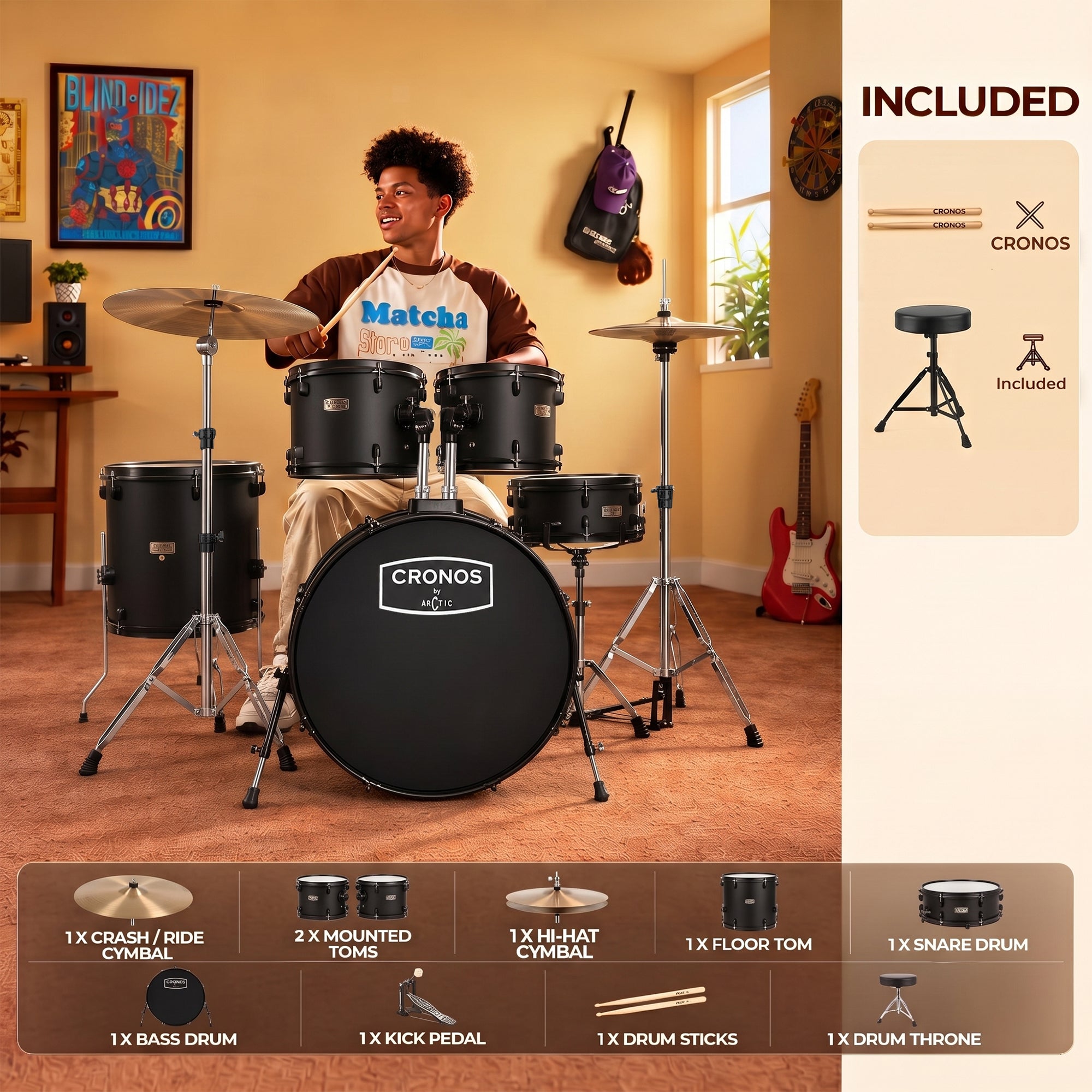ARCTIC Cronos 22 Inch 5-Piece Acoustic Drum Set with Cymbals, Hardware, Drum Throne & Drum Sticks - Black