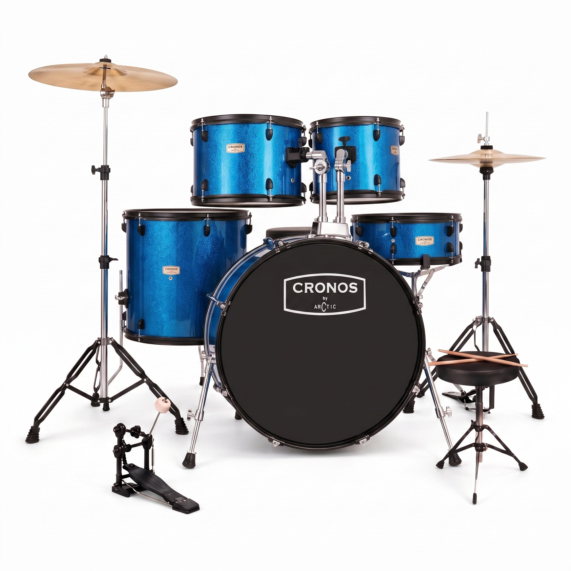 ARCTIC Cronos 22 Inch 5-Piece Acoustic Drum Set with Cymbals, Hardware, Drum Throne & Drum Sticks - Blue