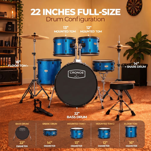 ARCTIC Cronos 22 Inch 5-Piece Acoustic Drum Set with Cymbals, Hardware, Drum Throne & Drum Sticks - Blue