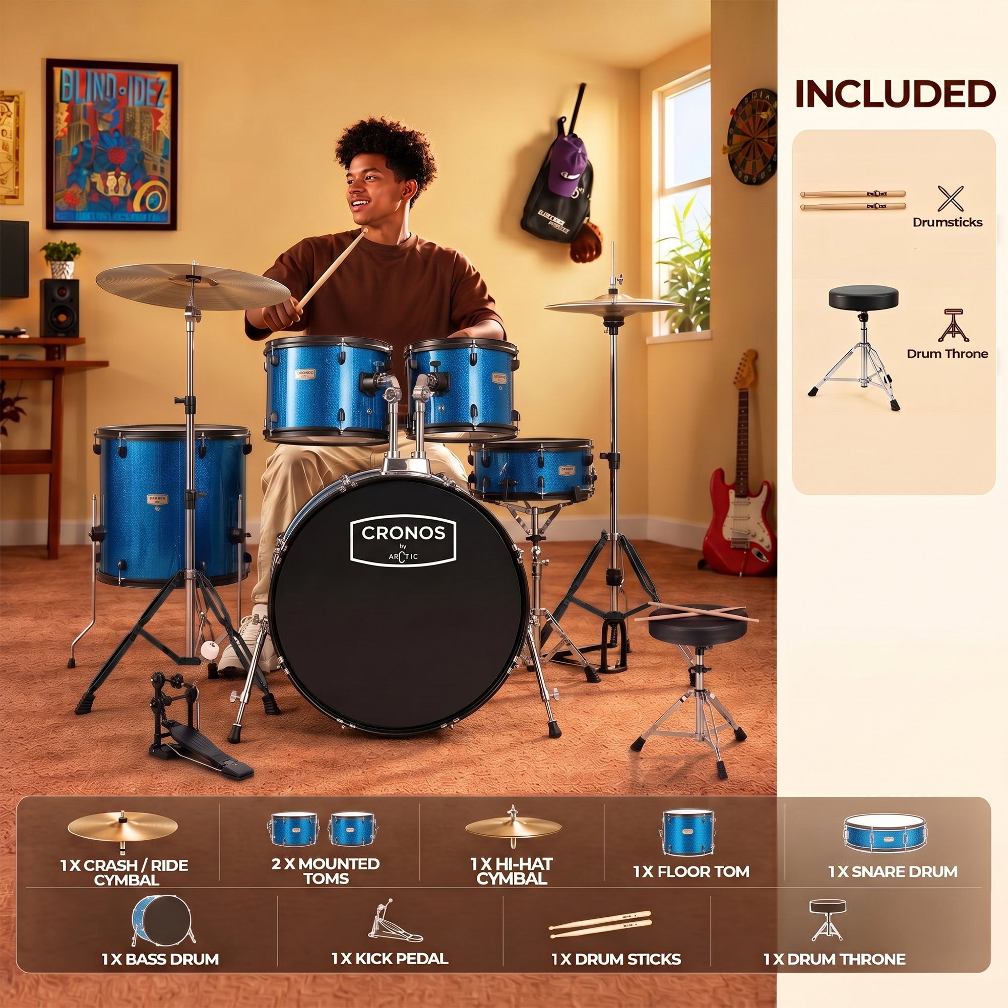 ARCTIC Cronos 22 Inch 5-Piece Acoustic Drum Set with Cymbals, Hardware, Drum Throne & Drum Sticks - Blue