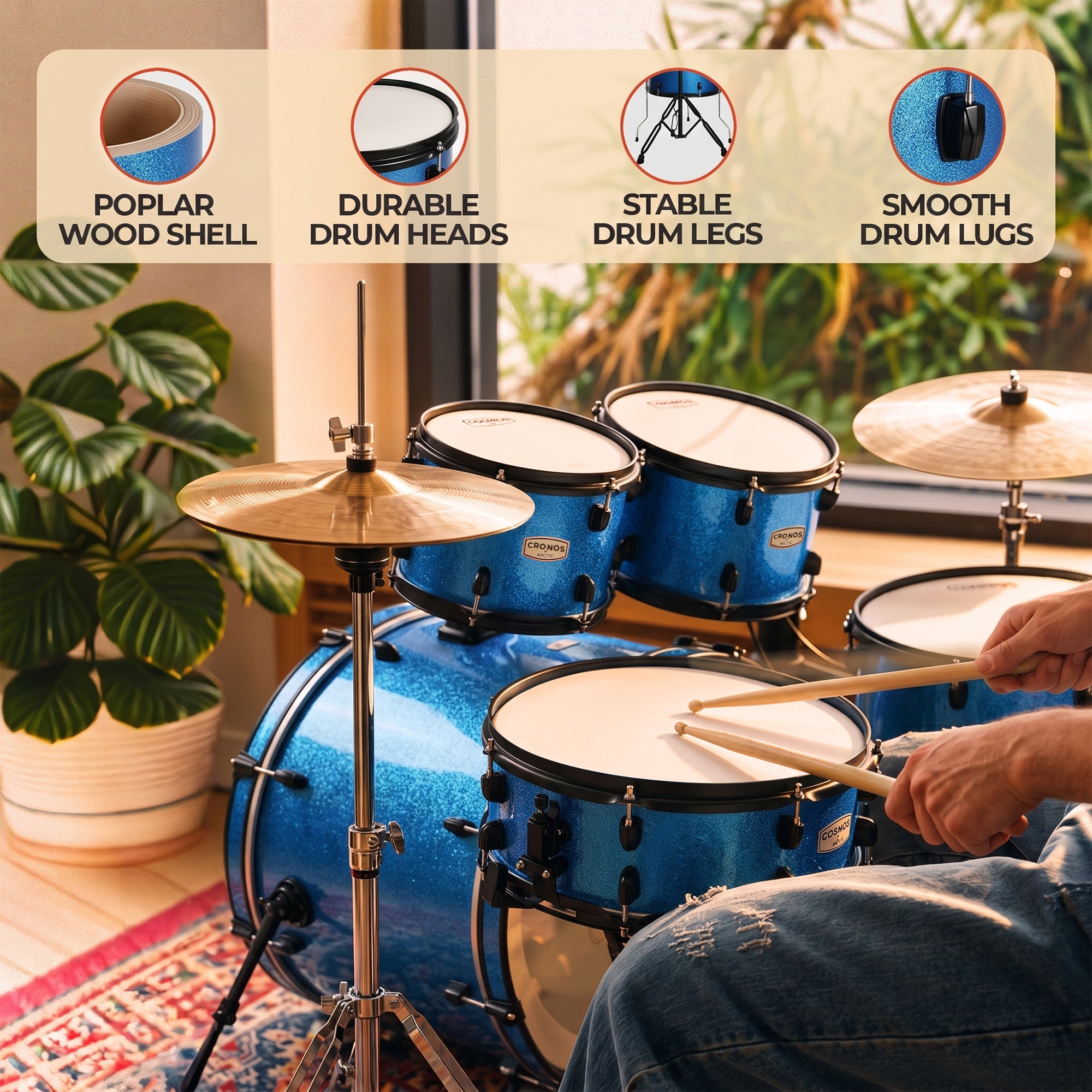 ARCTIC Cronos 22 Inch 5-Piece Acoustic Drum Set with Cymbals, Hardware, Drum Throne & Drum Sticks - Blue