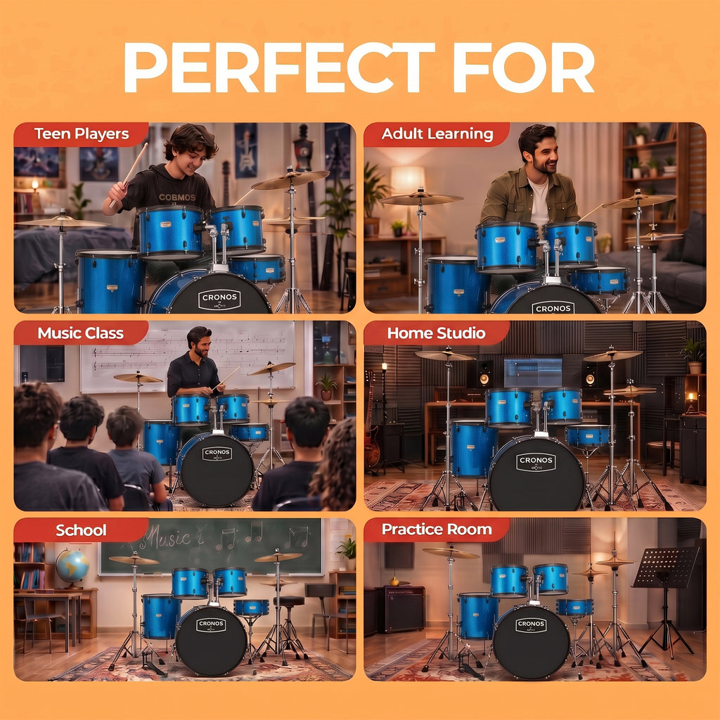 ARCTIC Cronos 22 Inch 5-Piece Acoustic Drum Set with Cymbals, Hardware, Drum Throne & Drum Sticks - Blue