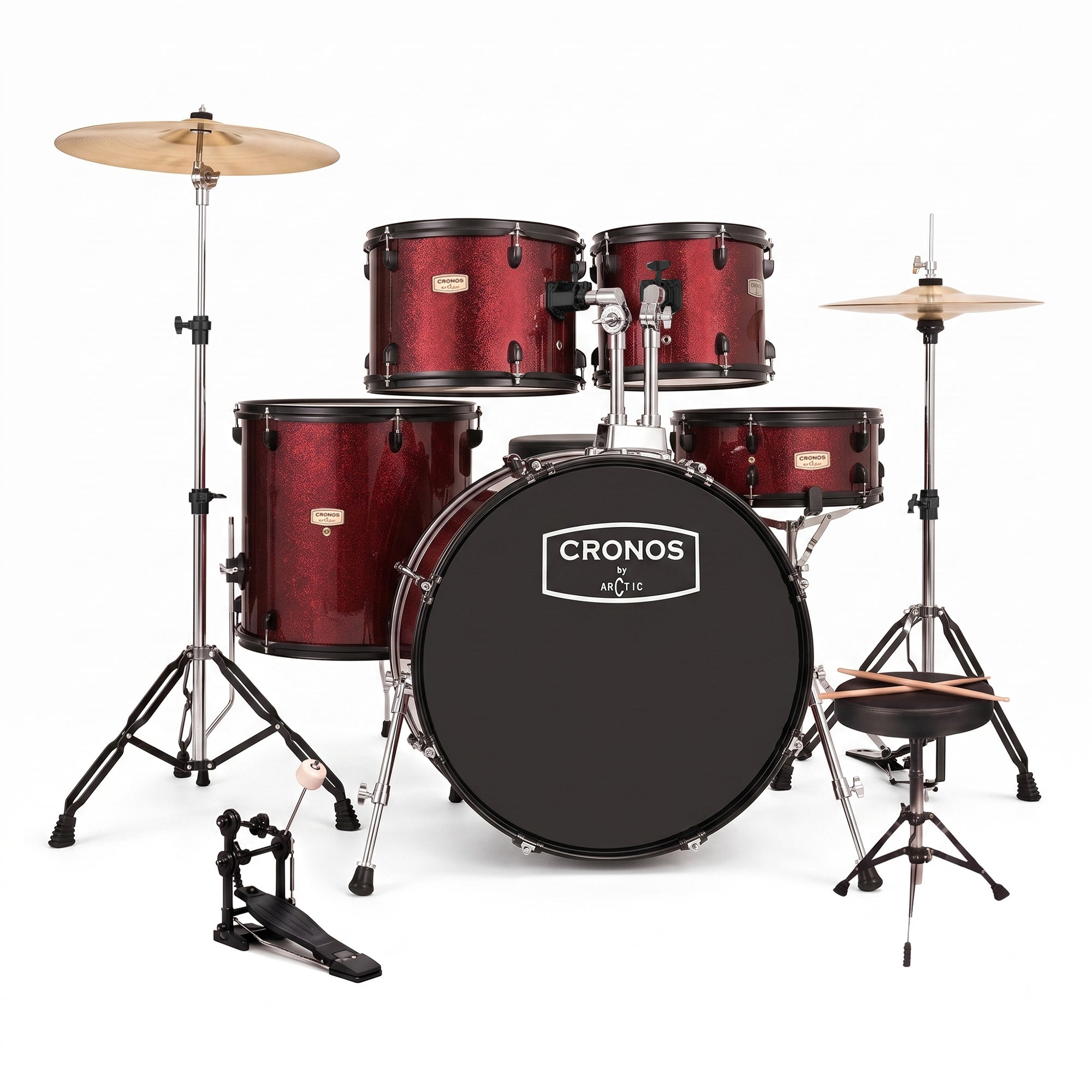 ARCTIC Cronos 22 Inch 5-Piece Acoustic Drum Set with Cymbals, Hardware, Drum Throne & Drum Sticks - Red