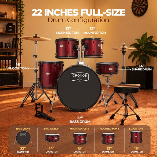ARCTIC Cronos 22 Inch 5-Piece Acoustic Drum Set with Cymbals, Hardware, Drum Throne & Drum Sticks - Red