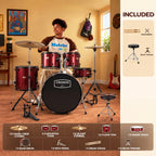 ARCTIC Cronos 22 Inch 5-Piece Acoustic Drum Set with Cymbals, Hardware, Drum Throne & Drum Sticks - Red