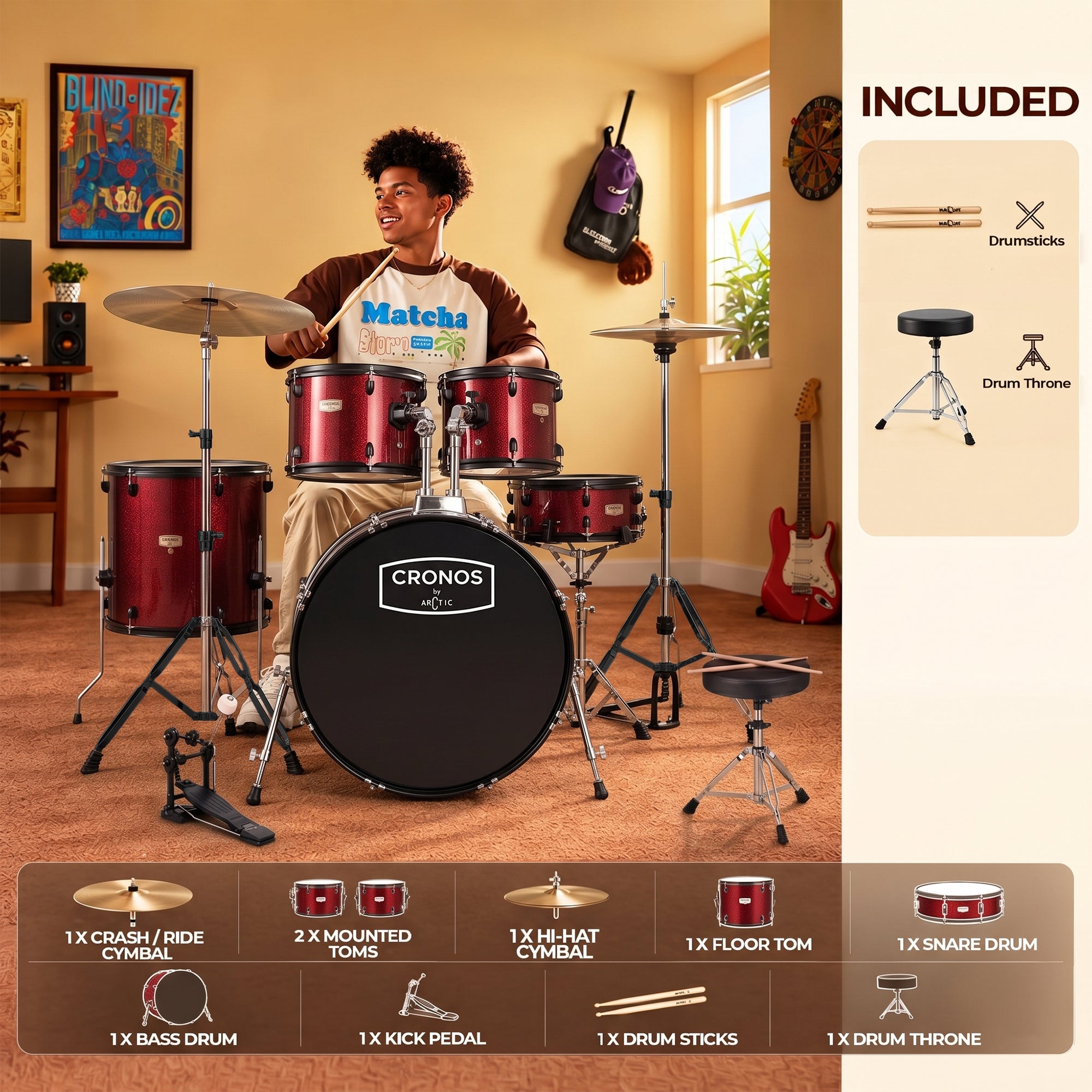 ARCTIC Cronos 22 Inch 5-Piece Acoustic Drum Set with Cymbals, Hardware, Drum Throne & Drum Sticks - Red