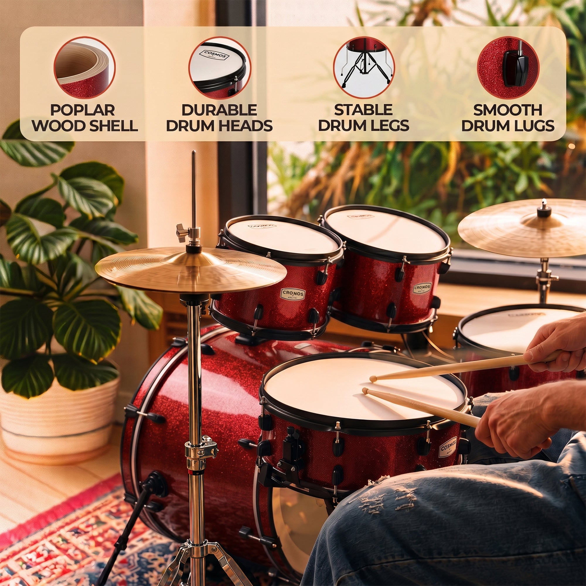 ARCTIC Cronos 22 Inch 5-Piece Acoustic Drum Set with Cymbals, Hardware, Drum Throne & Drum Sticks - Red