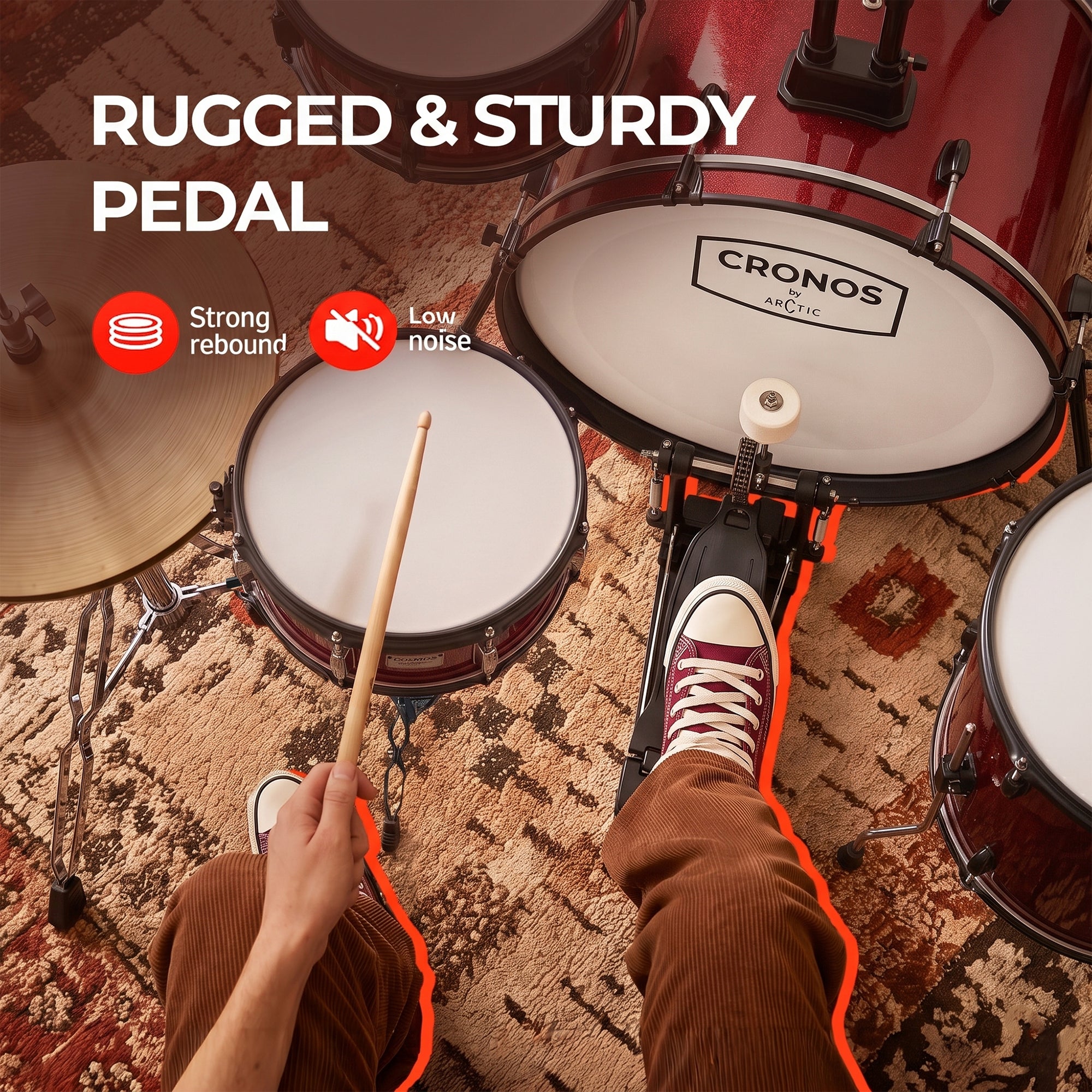 ARCTIC Cronos 22 Inch 5-Piece Acoustic Drum Set with Cymbals, Hardware, Drum Throne & Drum Sticks - Red