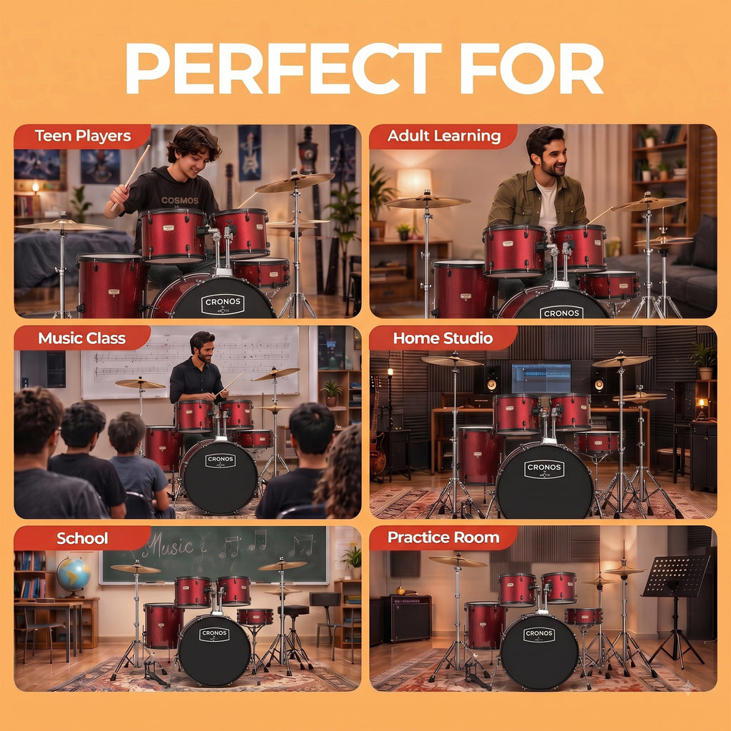 ARCTIC Cronos 22 Inch 5-Piece Acoustic Drum Set with Cymbals, Hardware, Drum Throne & Drum Sticks - Red