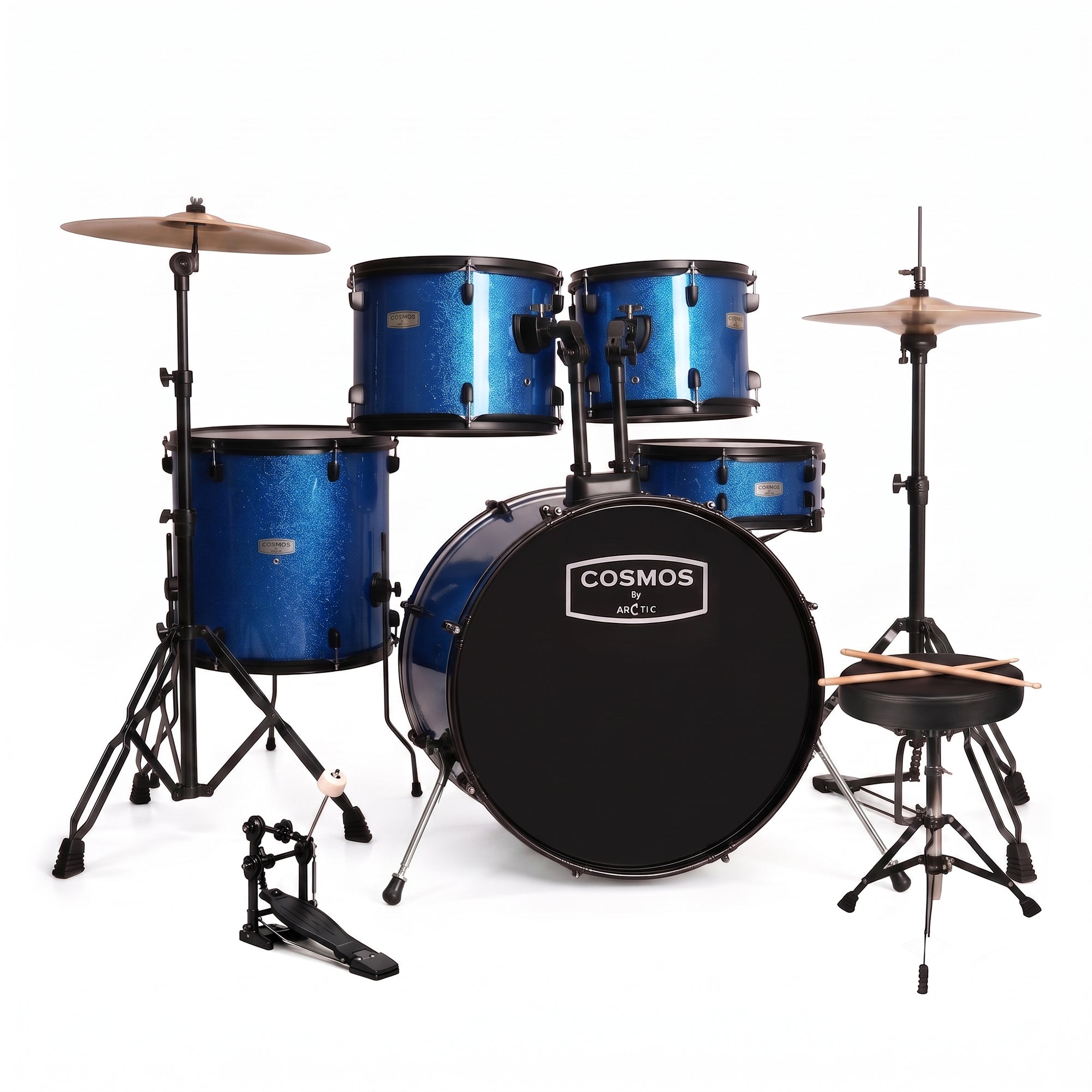 ARCTIC Cosmos 22 Inch 5-Piece Acoustic Drum Set with Cymbals, Hardware, Drum Throne & Drum Sticks - Blue