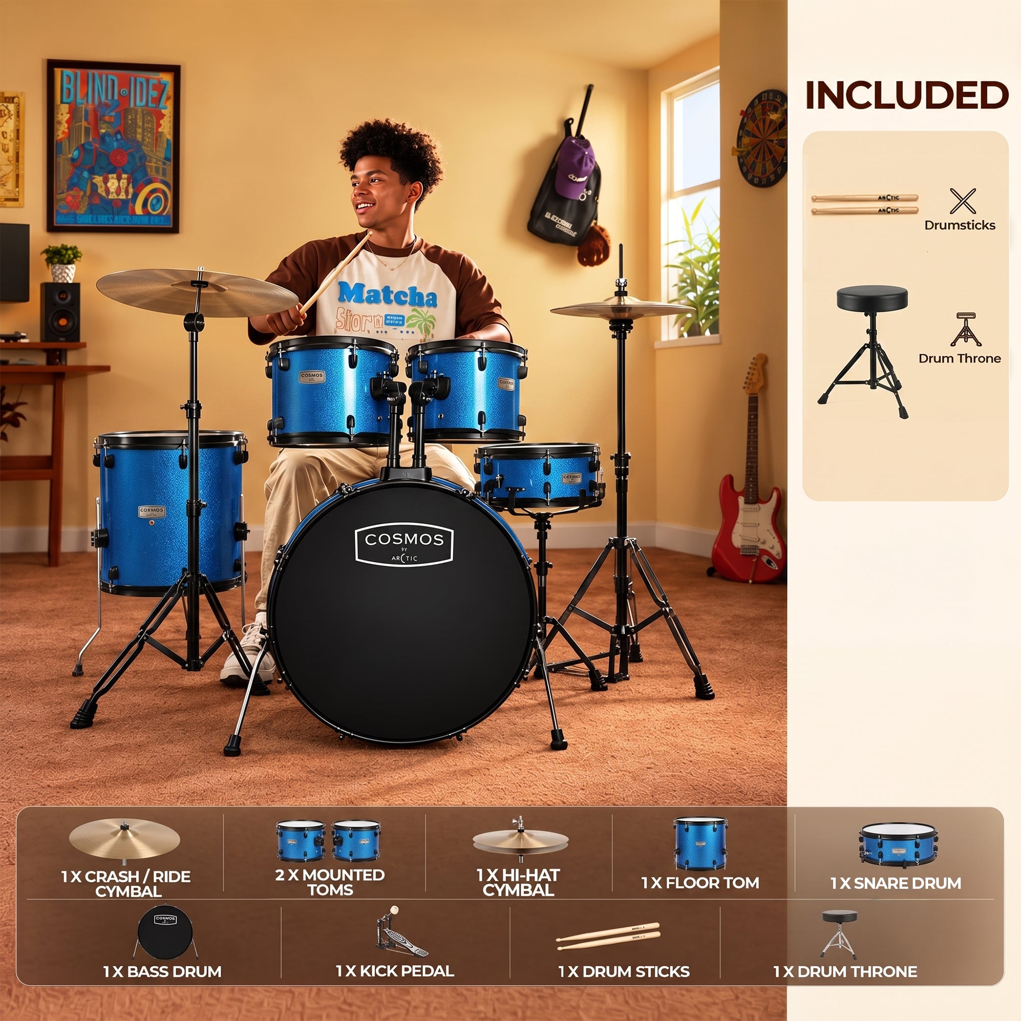 ARCTIC Cosmos 22 Inch 5-Piece Acoustic Drum Set with Cymbals, Hardware, Drum Throne & Drum Sticks - Blue