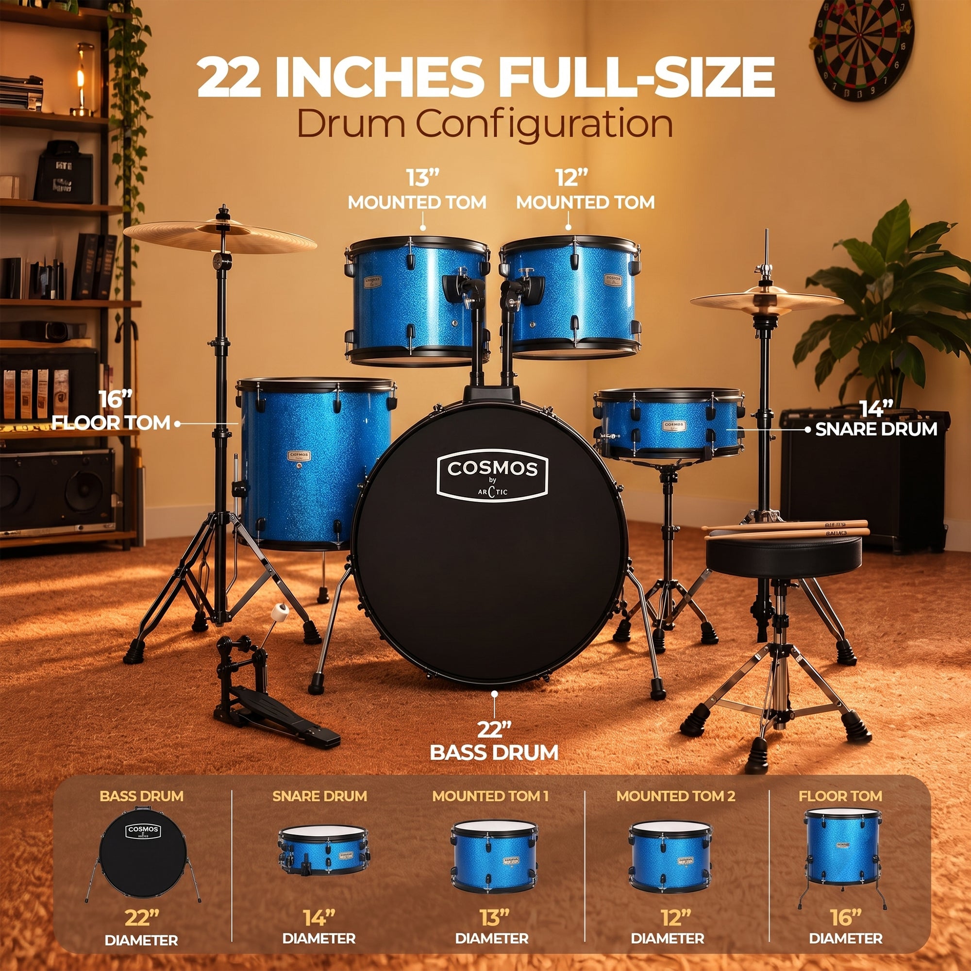 ARCTIC Cosmos 22 Inch 5-Piece Acoustic Drum Set with Cymbals, Hardware, Drum Throne & Drum Sticks - Blue