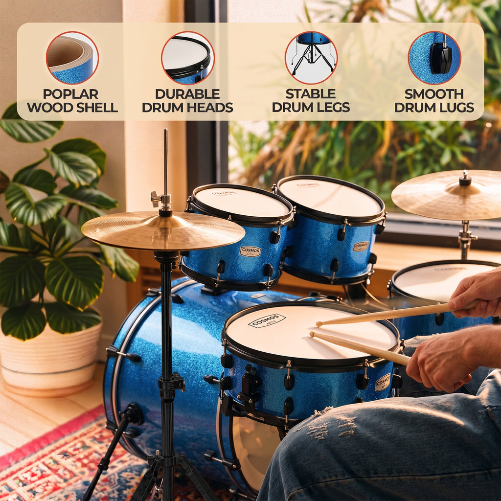ARCTIC Cosmos 22 Inch 5-Piece Acoustic Drum Set with Cymbals, Hardware, Drum Throne & Drum Sticks - Blue