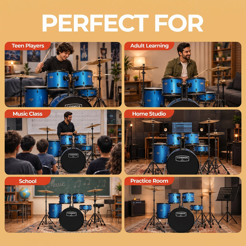 ARCTIC Cosmos 22 Inch 5-Piece Acoustic Drum Set with Cymbals, Hardware, Drum Throne & Drum Sticks - Blue