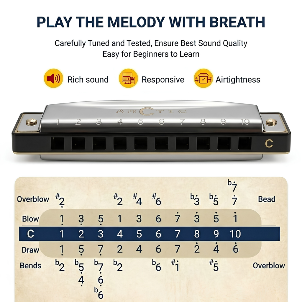 ARCTIC Key C 10-Hole Diatonic Harmonica Mouth Organ – For Beginners & Professionals with Hard Case (Silver)