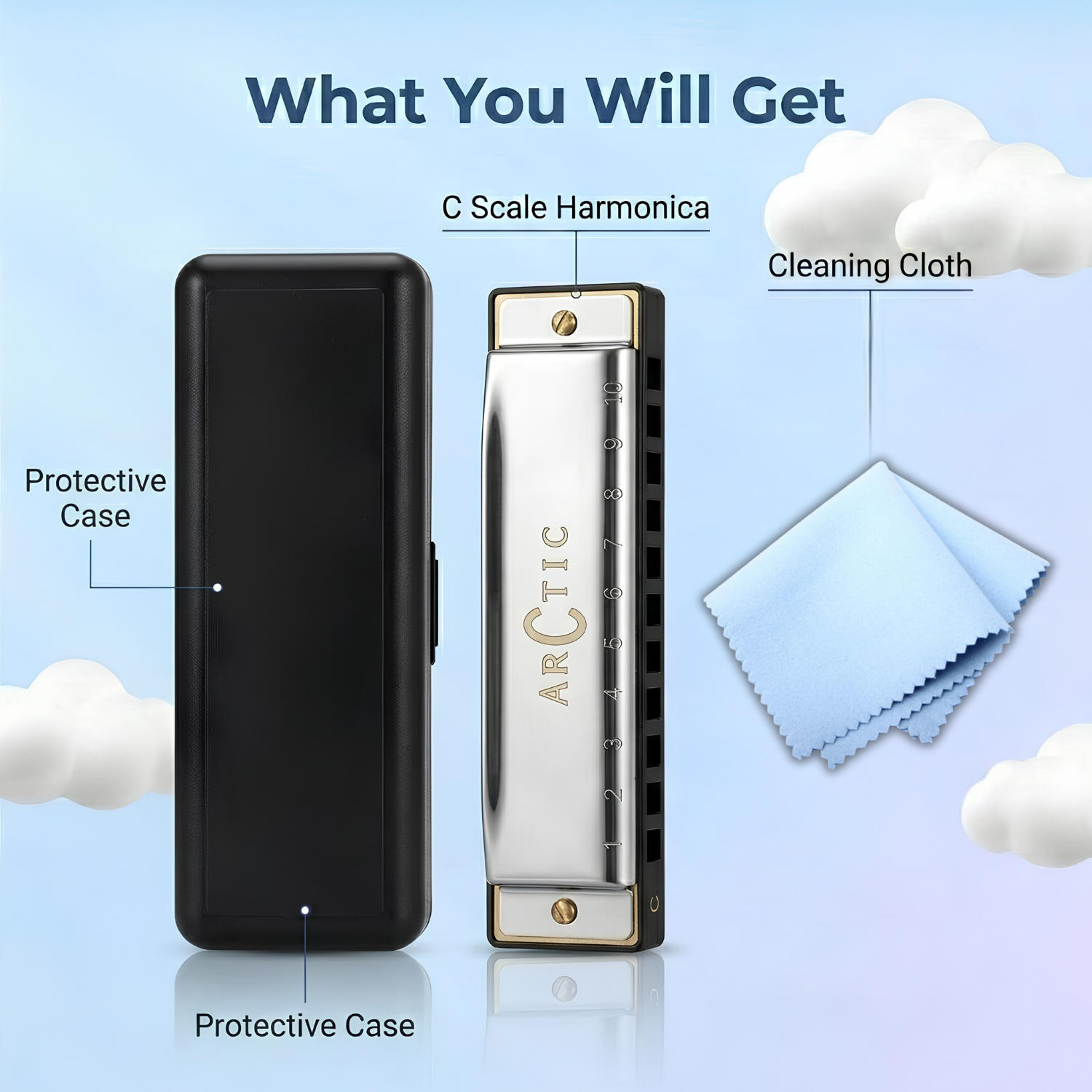 ARCTIC Key C 10-Hole Diatonic Harmonica Mouth Organ – For Beginners & Professionals with Hard Case (Silver)