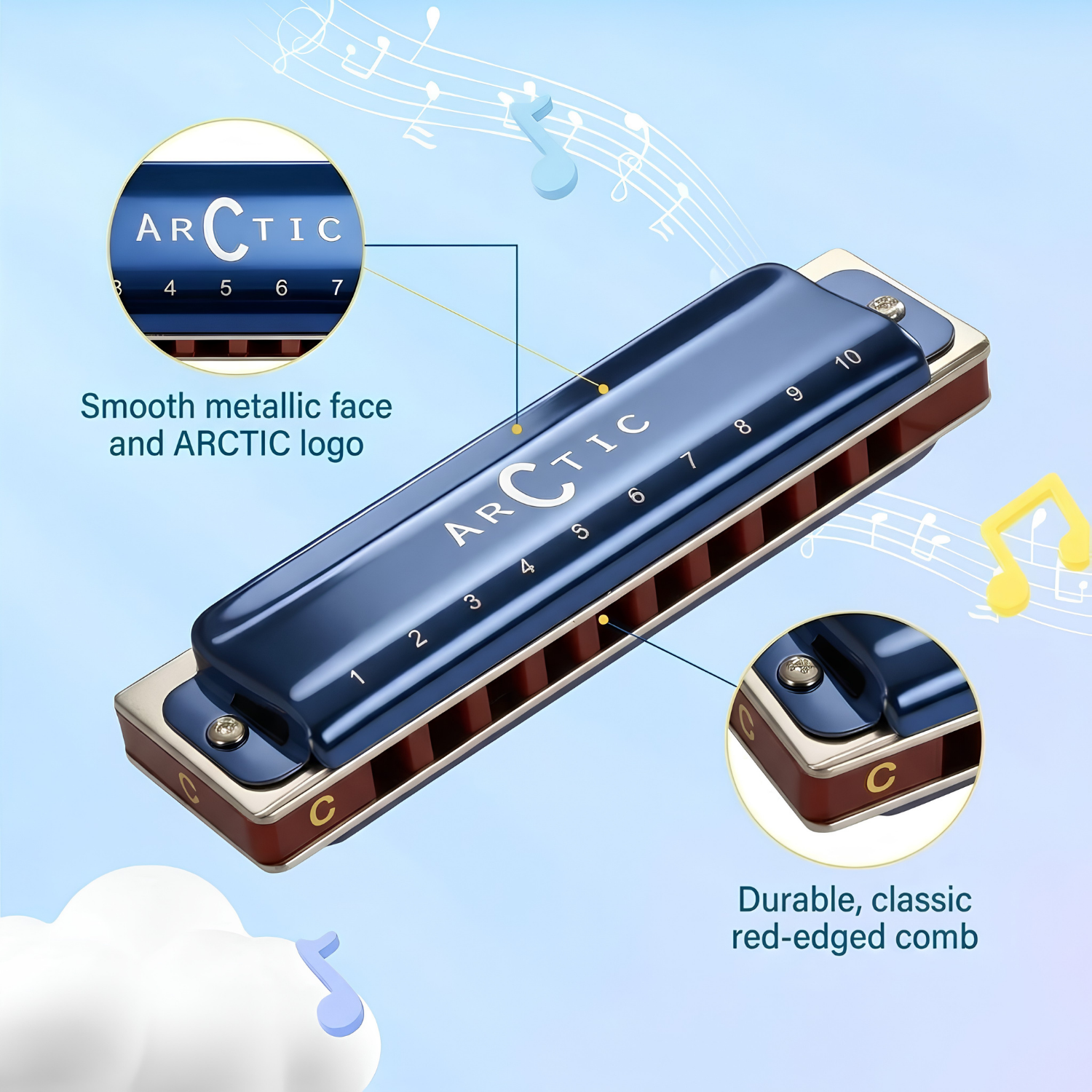 ARCTIC C Scale 10-Hole/20-Tone Premium Harmonica with Case & Cleaning Cloth – For Professionals & Beginners
