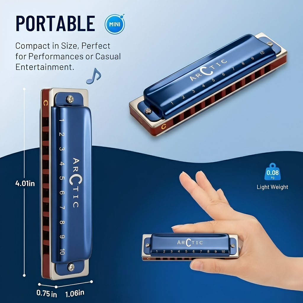 ARCTIC C Scale 10-Hole/20-Tone Premium Harmonica with Case & Cleaning Cloth – For Professionals & Beginners