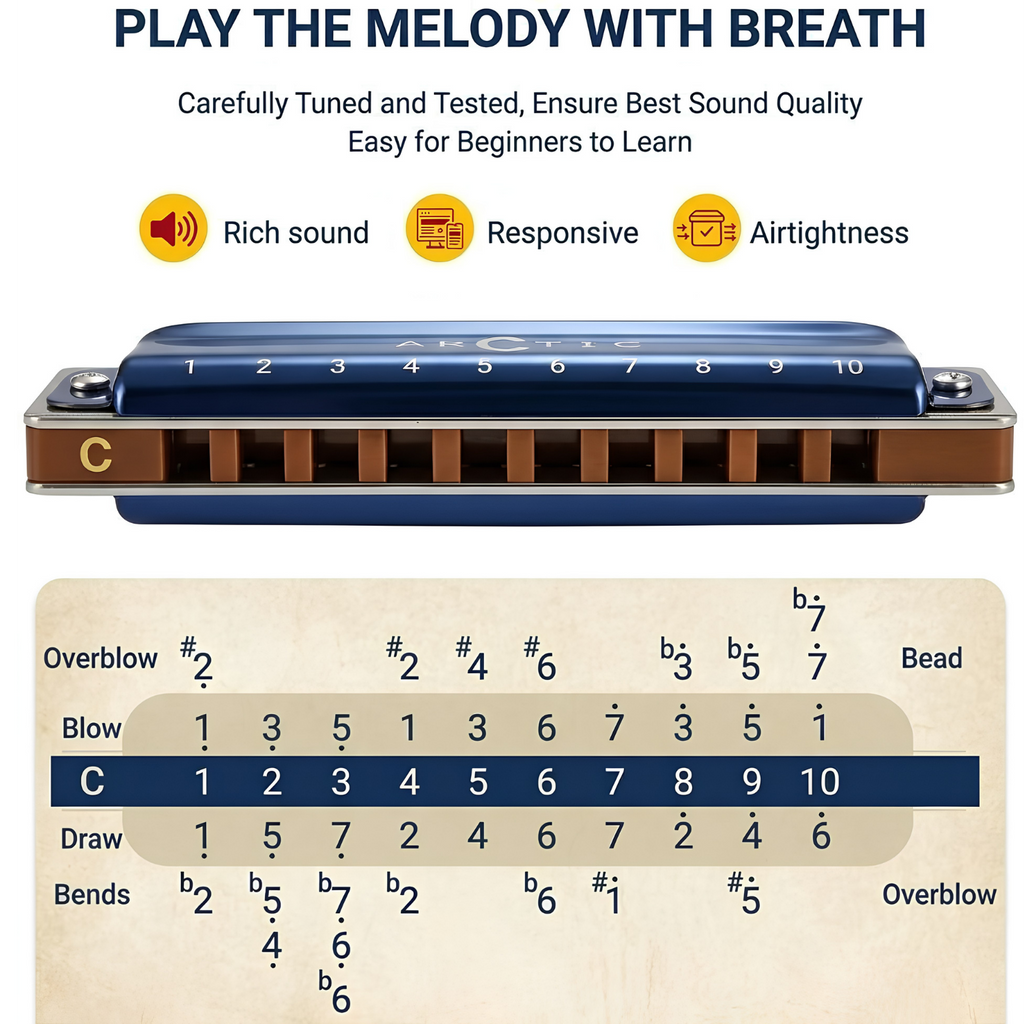 ARCTIC C Scale 10-Hole/20-Tone Premium Harmonica with Case & Cleaning Cloth – For Professionals & Beginners