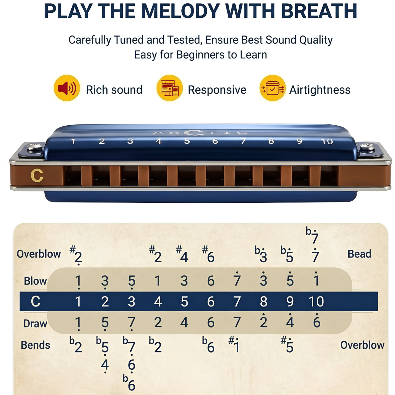 ARCTIC C Scale 10-Hole/20-Tone Premium Harmonica with Case & Cleaning Cloth – For Professionals & Beginners