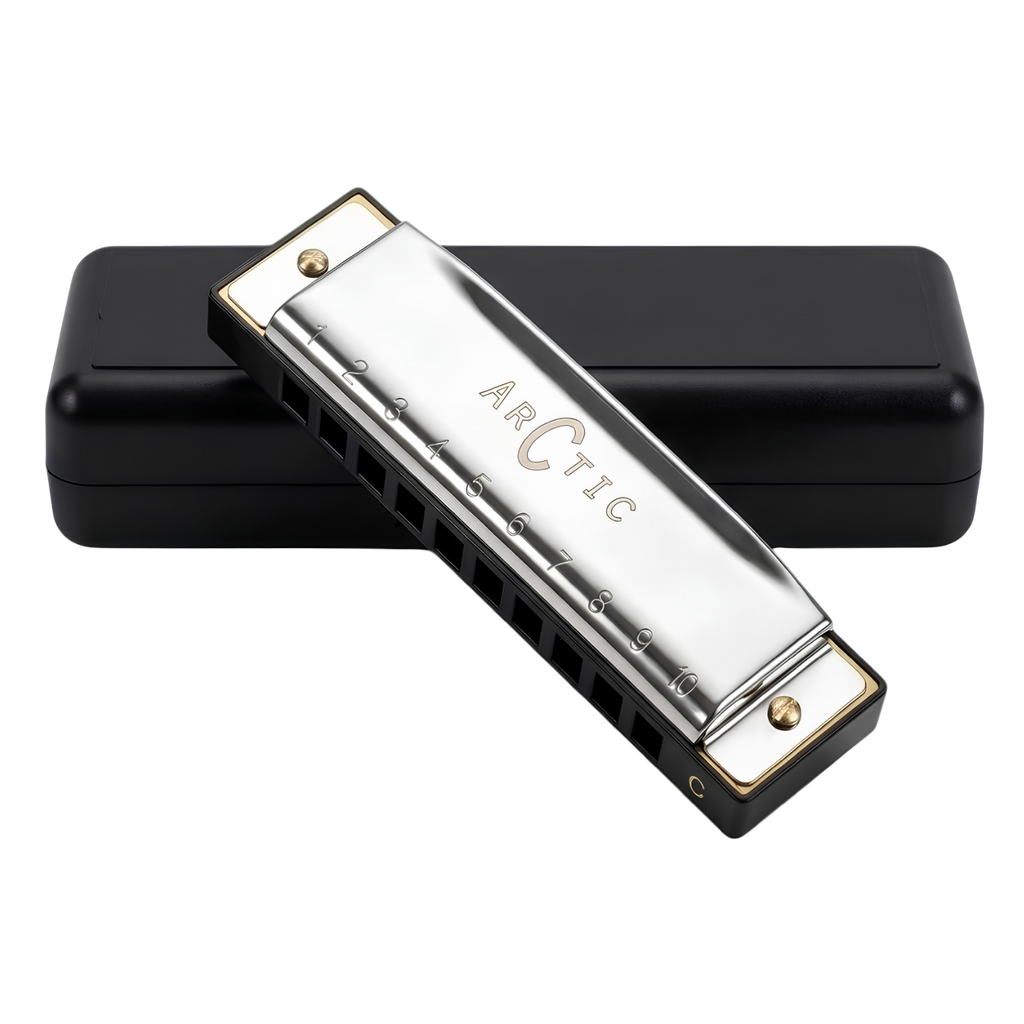 ARCTIC Key C 10-Hole Diatonic Harmonica Mouth Organ – For Beginners & Professionals with Hard Case (Silver)