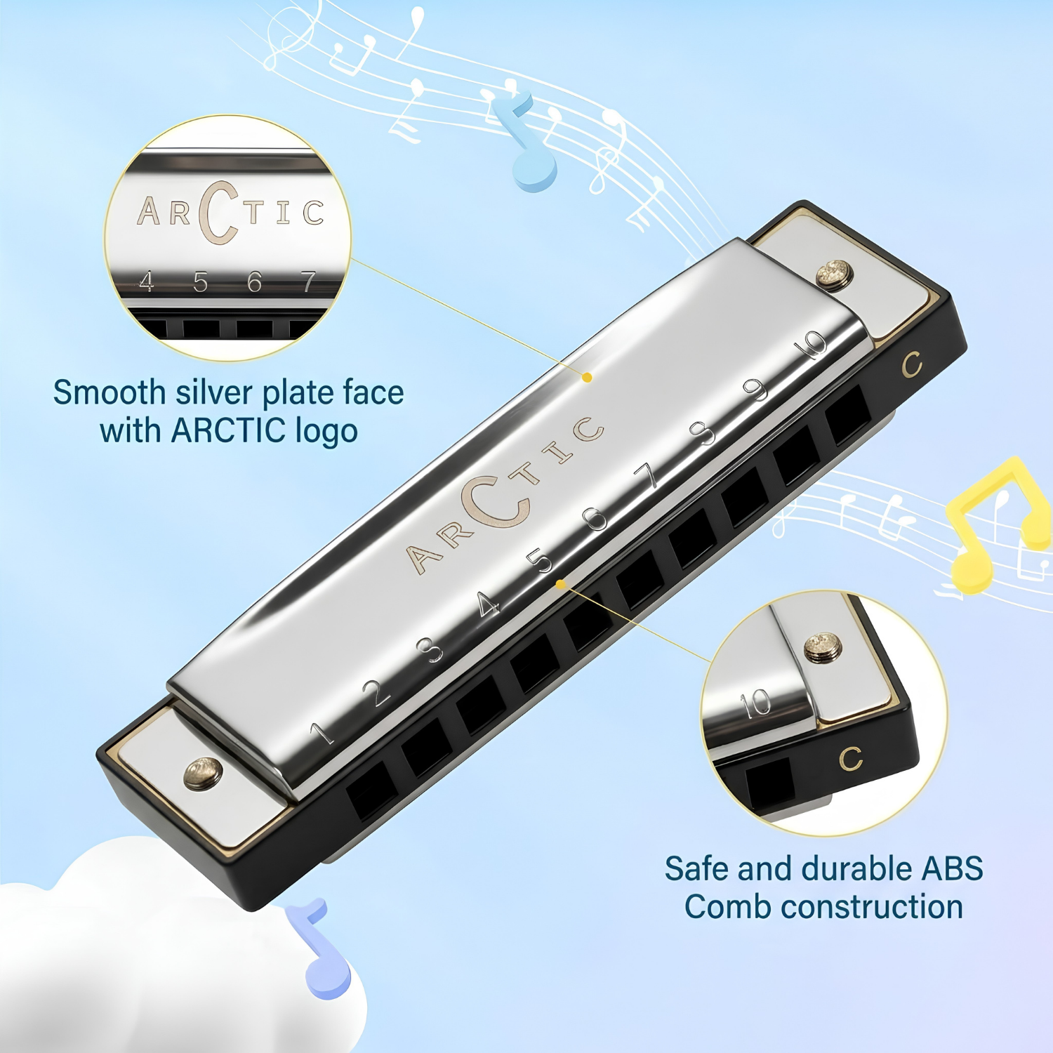 ARCTIC Key C 10-Hole Diatonic Harmonica Mouth Organ – For Beginners & Professionals with Hard Case (Silver)
