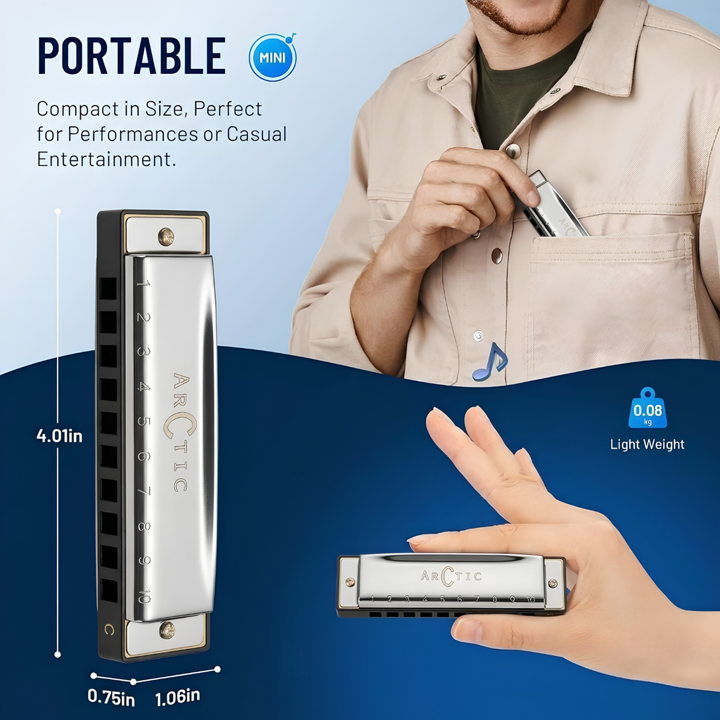 ARCTIC Key C 10-Hole Diatonic Harmonica Mouth Organ – For Beginners & Professionals with Hard Case (Silver)