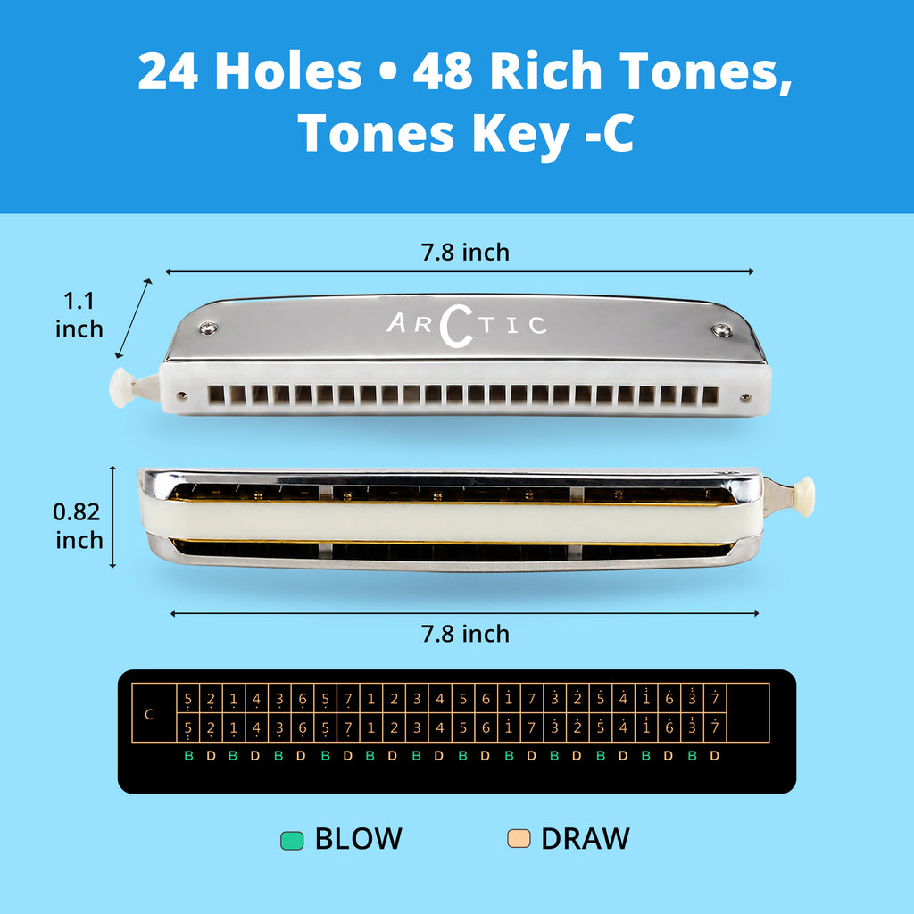 ARCTIC C Scale 24-Hole Chromatic Scale Changer Harmonica with Case – Premium Mouth Organ