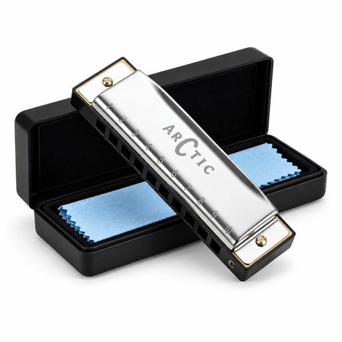 ARCTIC Key C 10-Hole Diatonic Harmonica Mouth Organ – For Beginners & Professionals with Hard Case (Silver)