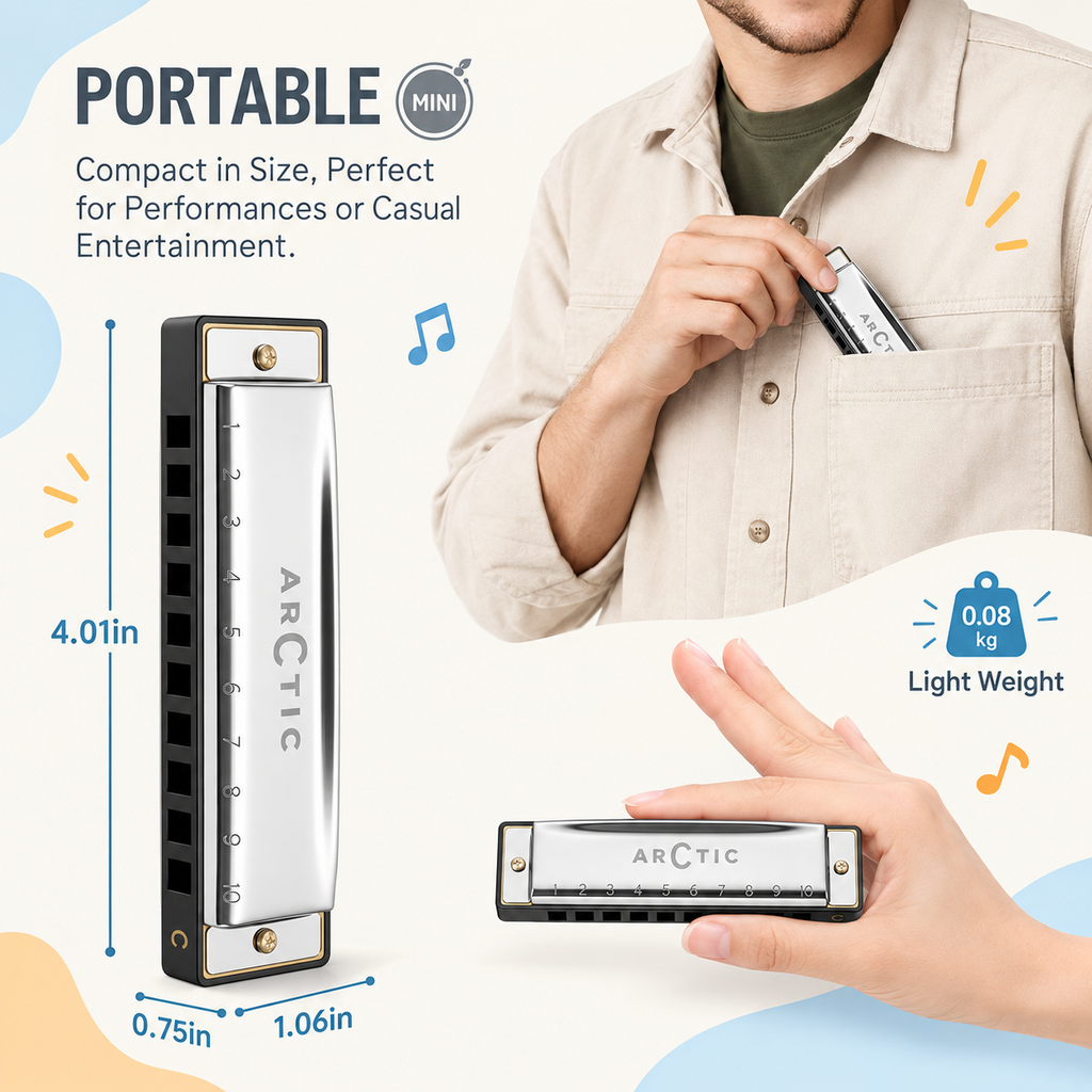 ARCTIC Key C 10-Hole Diatonic Harmonica Mouth Organ – For Beginners & Professionals with Hard Case (Silver)