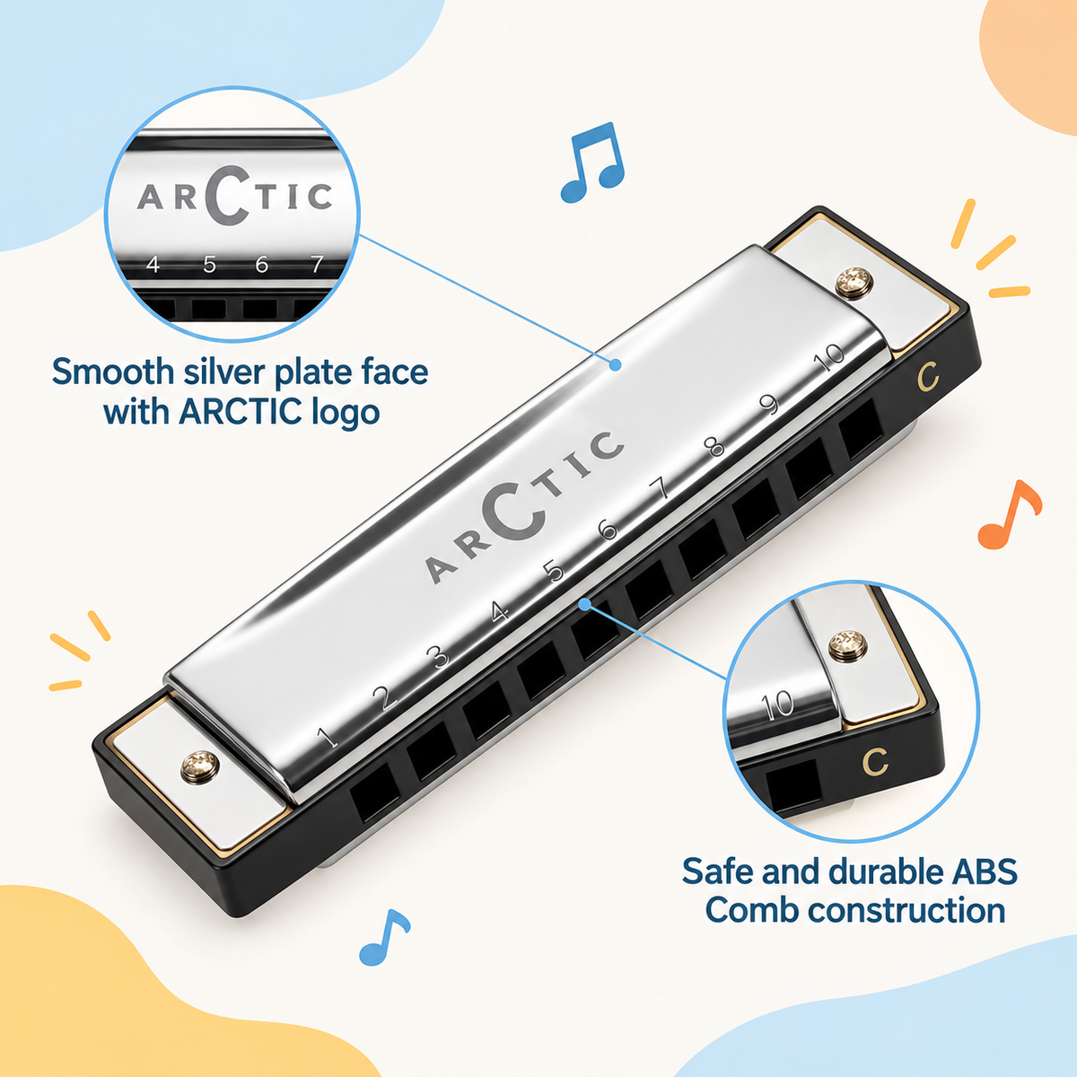 ARCTIC Key C 10-Hole Diatonic Harmonica Mouth Organ – For Beginners & Professionals with Hard Case (Silver)
