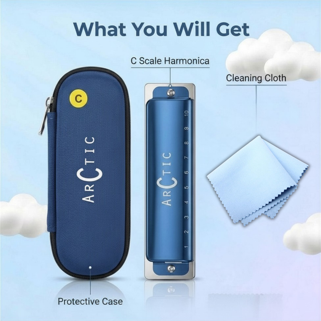 ARCTIC C Scale 10-Hole/20-Tone Premium Harmonica with Case & Cleaning Cloth – For Professionals & Beginners