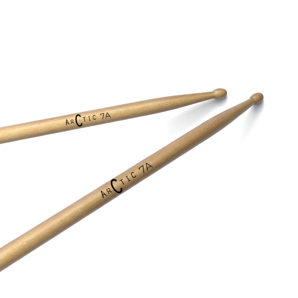 Two wooden drumsticks with 'Arctic 7A' branding on a white background