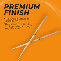 Two drumsticks on an orange background with text about a premium finish.