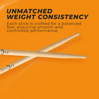 Two drumsticks on an orange background with text about unmatched weight consistency.