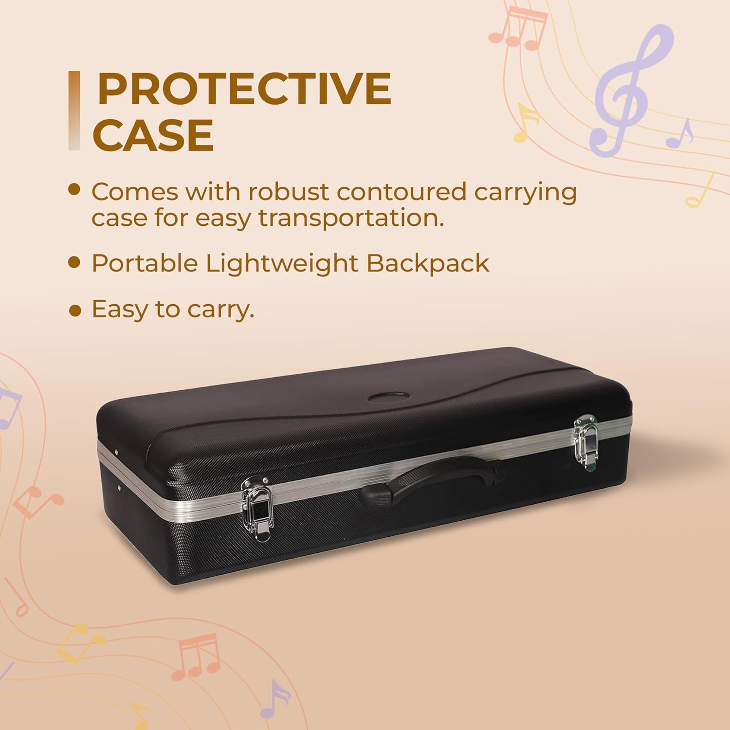 Black protective case with carrying handle and robust design on a beige background