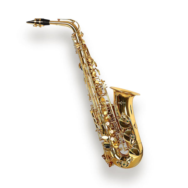 Gold saxophone on a white background