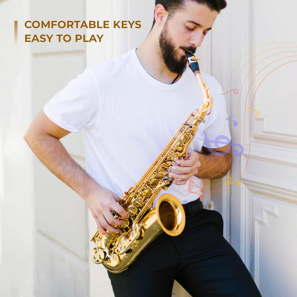 Man playing a gold saxophone with text about comfortable keys and ease of play.