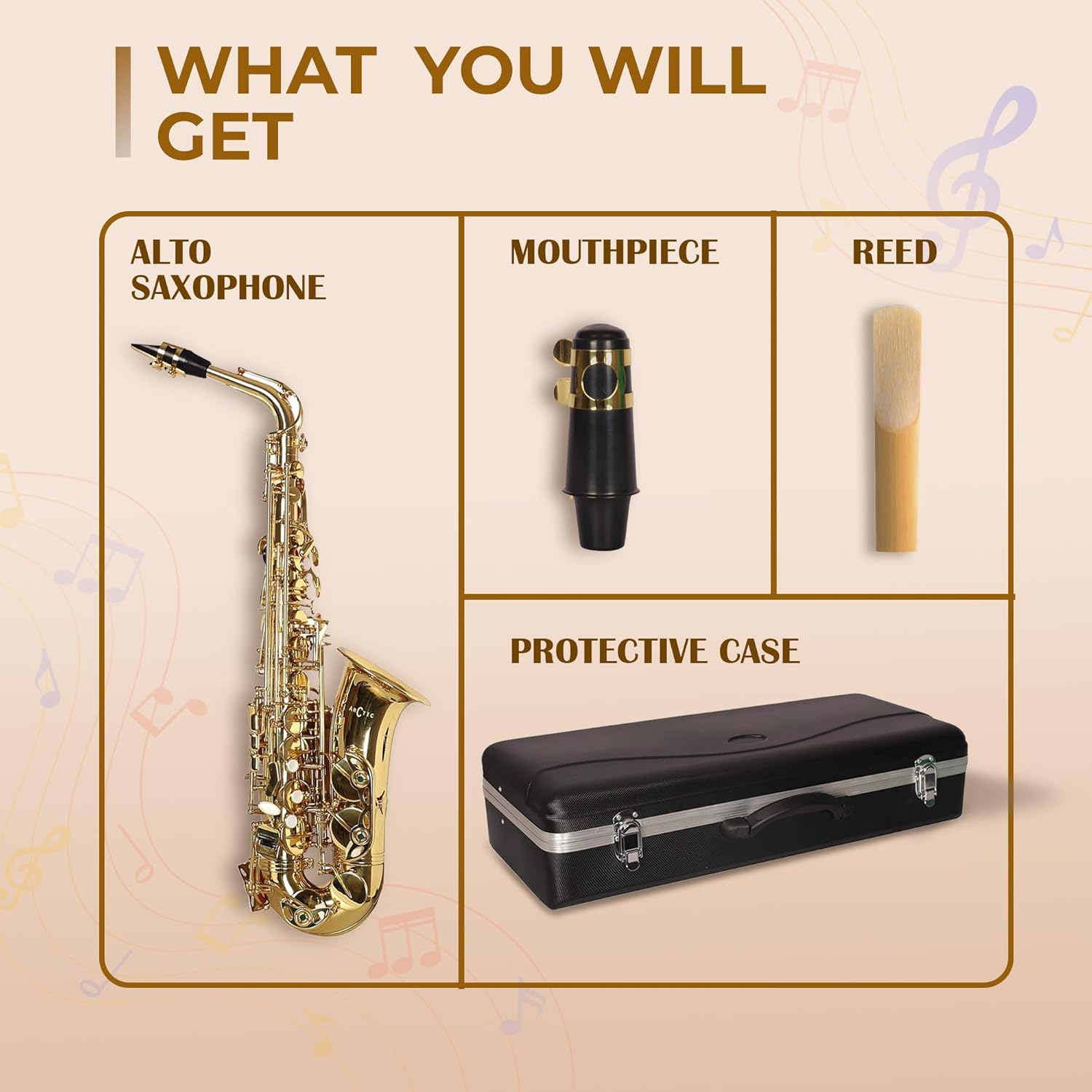 Alto saxophone set with mouthpiece, reed, and protective case on a beige background
