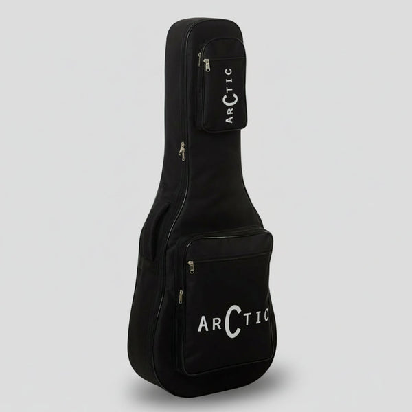 Black guitar case with 'Arctic' branding on a white background
